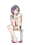  1girl barefoot bike_shorts brown_eyes chair feet grin hairclip one_leg_raised purple_hair serafuku shoes_removed short_hair sitting soles toes uwabaki 