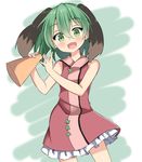  absurdres amashi_(qcmrq906) animal_ears bad_id bad_pixiv_id bare_arms blush cowboy_shot dress fang frilled_dress frills green_eyes green_hair hair_between_eyes head_tilt highres kasodani_kyouko looking_at_viewer megaphone open_mouth pink_dress short_dress short_hair smile solo touhou 