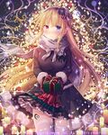  blonde_hair blue_eyes blush bow breasts christmas_lights closed_mouth company_name eyebrows_visible_through_hair falkyrie_no_monshou gift hairband heterochromia holding holding_gift large_breasts long_hair long_sleeves looking_at_viewer mittens natsumekinoko official_art red_eyes red_mittens ribbon solo thighhighs very_long_hair white_bow white_legwear white_ribbon 