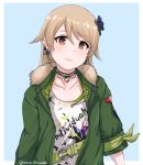  1girl armband belt belt_buckle blue_background brown_eyes buckle chains choker clothes_writing coat collarbone commentary disco_brando earrings english_commentary eyebrows_visible_through_hair flower fur-trimmed_coat fur_trim green_coat hair_between_eyes hair_flower hair_ornament head_tilt highres idolmaster idolmaster_cinderella_girls idolmaster_cinderella_girls_starlight_stage individuals jewelry light_brown_hair lightning_bolt looking_at_viewer military_insignia morikubo_nono open_clothes open_coat shiny shiny_hair shirt short_hair simple_background sleeves_rolled_up solo star t-shirt thick_eyebrows twitter_username upper_body wavy_mouth 