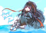  71pen azami_(kagerou_project) black_ribbon blue_sky character_name chromatic_aberration cloak commentary_request curly_hair day eyelashes hair_ribbon happy_birthday high_ponytail highres kagerou_project leg_ribbon long_hair long_ribbon looking_at_viewer on_water pale_skin red_eyes red_ribbon ribbon scales sitting sky slippers solo very_long_hair wavy_hair 