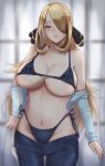 1girl absurdres bangs bare_shoulders bikini bikini_under_clothes blonde_hair blurry blurry_background breasts cleavage clothes_removed cynthia_(pokemon) grey_eyes hair_ornament hair_over_one_eye highleg highleg_bikini highres large_breasts lips navel one_eye_covered pants pants_removed parted_lips partially_undressed pokemon pokemon_(game) pokemon_dppt shirt shirt_removed side-tie_bikini solo swimsuit tinnies underboob undersized_clothes 