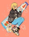  1girl blonde_hair blush bubble crisalys denim english jacket jeans looking_at_viewer orange_background original pants ramune shoes solo torn_clothes torn_jeans 