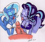  2017 anthro anthrofied breasts cleavage clothed clothing cum equine erection female first_person_view friendship_is_magic group horn human humanoid_penis interspecies male male/female male_pov mammal my_little_pony newyorkx3 oral penis starlight_glimmer_(mlp) trixie_(mlp) unicorn 