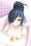  alternate_hairstyle bangs bath bathtub black_hair blunt_bangs breasts collarbone eyeliner grey_eyes hair_over_one_eye hair_up hayashimo_(kantai_collection) highres kantai_collection long_hair looking_at_viewer makeup momin nude rubber_duck small_breasts smile solo tile_wall tiles 