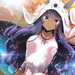  animal_ears breasts competition_swimsuit dark_skin dutch_angle facial_mark fate/grand_order fate_(series) highres jackal_ears long_hair looking_at_viewer medium_breasts nitocris_(fate/grand_order) nitocris_(swimsuit_assassin)_(fate) one-piece_swimsuit outstretched_arms pov purple_eyes purple_hair solo swimsuit tom_(drpow) veil very_long_hair water 