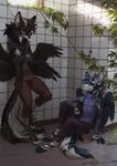  4_toes anthro black_nose blue_eyes canine clothed clothing detailed_background digitigrade duo feathered_wings feathers hi_res horn hybrid male mammal orphen-sirius smile toes wings 