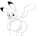  1girl animal_ears anus ass blush blush_stickers bow clitoris eyebrows_visible_through_hair fang from_behind furry greyscale hair_bow hearless_soul highres looking_back looking_down monochrome no_humans open_mouth panties panty_pull personification pikachu pokemon pokemon_(creature) pokemon_rgby pussy simple_background sketch skindentation solo tail teeth uncensored underwear white_background 