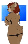  2017 amber_eyes anthro areola bear breasts brown_fur butt clothing erect_nipples female fur hair looking_at_viewer looking_sideways mammal mature_female nipples nude open_mouth os panties panties_down rear_view red_hair solo underwear undressing 