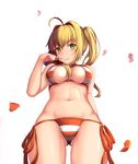  ahoge ass_visible_through_thighs bikini blonde_hair breasts cameltoe cementite cowboy_shot criss-cross_halter earrings eyebrows_visible_through_hair fate/extra fate/extra_ccc fate/grand_order fate_(series) from_below green_eyes hair_intakes hair_twirling halterneck highres jewelry large_breasts long_hair looking_at_viewer navel nero_claudius_(fate)_(all) nero_claudius_(swimsuit_caster)_(fate) petals side-tie_bikini smile solo striped striped_bikini swimsuit twintails 