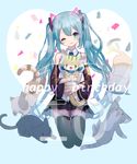  absurdres animal black_legwear black_skirt blue_eyes blue_hair blue_neckwear blush bunuojiang cat closed_mouth fish happy_birthday hatsune_miku highres holding holding_animal long_hair looking_at_viewer necktie one_eye_closed skirt smile solo thighhighs twintails vocaloid 