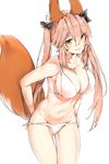  animal_ear_fluff animal_ears ass_visible_through_thighs bikini bikini_pull bow breasts cleavage collarbone cowboy_shot fang fate/extra fate_(series) fox_ears fox_tail hair_between_eyes hair_bow highres large_breasts leaning_forward long_hair looking_at_viewer navel parted_lips pink_hair sidelocks silver_(chenwen) simple_background smile solo swimsuit tail tamamo_(fate)_(all) tamamo_no_mae_(fate) twintails white_background white_bikini yellow_eyes 