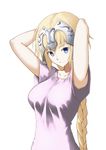  arms_up blonde_hair blue_eyes blush braid breasts closed_mouth collarbone eyebrows_visible_through_hair fate/apocrypha fate_(series) headpiece highres jeanne_d'arc_(fate) jeanne_d'arc_(fate)_(all) jilu large_breasts long_hair looking_at_viewer short_sleeves smile solo upper_body 
