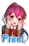  bad_id bad_pixiv_id blush copyright_name free! long_hair looking_at_viewer matsuoka_gou open_mouth papupu peeking_through_fingers ponytail red_eyes red_hair smile solo water_drop 