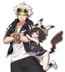  1girl :d absurdres arm_holding arm_tattoo baggy_pants black_hair blush chain chain_necklace cosplay crossed_arms eyebrows eyewear_on_head gen_7_pokemon gold_chain grey_eyes guzma_(pokemon) highres looking_at_viewer mimikyu mimikyu_(cosplay) mizuki_(pokemon) open_mouth orqz pants pokemon pokemon_(game) pokemon_sm shirt short_hair short_shorts short_sleeves shorts simple_background sleeveless sleeveless_shirt smile sunglasses tattoo team_skull team_skull_uniform track_pants watch white_background white_hair white_shirt 