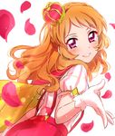  absurdres aikatsu! aikatsu!_(series) bangs blush cape commentary_request crown eyebrows_visible_through_hair from_behind gloves highres long_hair looking_at_viewer looking_back mini_crown oozora_akari orange_hair parted_lips petals pink_eyes puffy_short_sleeves puffy_sleeves red_cape red_skirt sekina short_sleeves simple_background skirt smile solo suspender_skirt suspenders upper_body white_background white_gloves yellow_cape 