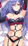 alternate_costume armpits bed_sheet blue_hair blush breasts elbow_gloves gloves highres iris_heart kami_jigen_game_neptune_v large_breasts long_hair looking_at_viewer lying navel neptune_(series) on_back on_bed power_symbol purple_hair red_eyes sendrawz solo symbol-shaped_pupils very_long_hair 