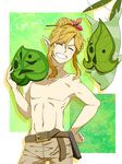  ^_^ ^o^ abs belt belt_buckle blonde_hair blush brown_belt buckle closed_eyes commentary_request earrings english facing_viewer grin hand_on_hip highres holding jewelry korok link long_hair male_focus mask open_mouth pointy_ears saiba_(henrietta) shirtless sidelocks smile solo speech_bubble the_legend_of_zelda the_legend_of_zelda:_breath_of_the_wild 