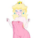  1girl areolae blonde_hair blue_eyes blush breasts collar covered_navel crown earrings lips lm_(legoman) long_hair looking_at_viewer nail_polish nintendo nipple_piercing nipples princess_peach pussy see-through solo super_mario_bros. white_background 