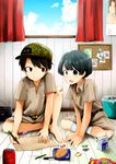  backwards_hat black_eyes black_hair blush child colored_pencil crossed_legs drawing eyebrows_visible_through_hair hat ika_ko juice_box looking_at_another looking_away male_focus multiple_boys open_mouth original pencil short_hair smile socks white_legwear 