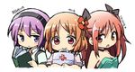  3girls bare_shoulders blue_eyes blush book brown_hair character_name chibi fukai_ni_nemuru_oujo_no_abaddon hino_yachika long_hair looking_at_viewer mizuishi_rikana multiple_girls purple_hair red_eyes red_hair short_hair simple_background smile suzumori_mia white_background 