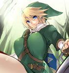  between_breasts blonde_hair blue_eyes bouncing_breasts breasts brown_gloves earrings fingerless_gloves genderswap genderswap_(mtf) gloves green_hat hat jewelry large_breasts link looking_at_viewer negresco pointy_ears solo strap_cleavage the_legend_of_zelda 