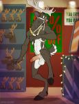  2018 5_fingers abs anthro antlers balls blue_eyes brown_hair cervine clothing cloven_hooves cock_ring hair harness hooves horn humanoid_penis jingle_bell jingle_bell_harness kihu male mammal mirror navel nude open_mouth penis reindeer solo spiritpaw 