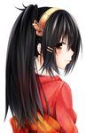  alternate_costume back black_hair brown_eyes hair_ornament hairband hairclip haruna_(kantai_collection) headgear highres japanese_clothes kantai_collection kimono long_hair looking_at_viewer obi red_kimono remodel_(kantai_collection) sash smile solo tatsuno_(saya-tatsuno) upper_body 