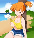  1girl areolae beach blush breasts cloud day erect_nipples eyes_closed highres kasumi_(pokemon) large_breasts nipples no_bra one_breast_out open_mouth orange_hair outdoors pokemon pokemon_(anime) shirt_lift short_ponytail shorts sky solo tank_top 
