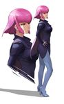  breasts commentary_request contrapposto cropped_torso enami_katsumi gundam haman_karn hands_on_hips high_heels medium_breasts purple_eyes purple_hair short_hair solo standing white_background zeta_gundam zoom_layer 