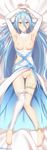  anklet aqua_(fire_emblem_if) armpits arms_up barefoot bed_sheet blue_hair blush breasts censored dakimakura elbow_gloves fingerless_gloves fire_emblem fire_emblem_if full_body gloves hair_between_eyes highres jewelry kanden_suki long_hair looking_at_viewer lying medium_breasts mismatched_legwear nipples on_back solo thigh_gap thigh_strap twitter_username very_long_hair white_legwear yellow_eyes 