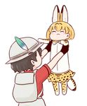  :3 animal_ears backpack bag batta_(ijigen_debris) black_hair blonde_hair blush carrying closed_eyes commentary gloves hat hat_feather holding_up kaban_(kemono_friends) kemono_friends longcat meme multiple_girls serval_(kemono_friends) serval_ears serval_print serval_tail short_hair simple_background tail thighhighs white_background 
