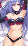  armpits bed_sheet blue_hair blush breasts elbow_gloves gloves highres iris_heart kami_jigen_game_neptune_v large_breasts long_hair looking_at_viewer lying navel neptune_(series) on_back on_bed power_symbol purple_hair red_eyes sendrawz solo symbol-shaped_pupils very_long_hair 