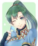  blush commentary_request dress earrings fire_emblem fire_emblem:_rekka_no_ken fire_emblem_heroes flag green_eyes green_hair high_ponytail jewelry kazame long_hair looking_at_viewer lyndis_(fire_emblem) mini_flag one_eye_closed ponytail smile solo very_long_hair 