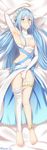  anklet aqua_(fire_emblem_if) areolae arm_up armpits asymmetrical_legwear barefoot bed_sheet blue_hair blush breasts brown_eyes choker cleavage covering covering_crotch dakimakura dress elbow_gloves fingerless_gloves fire_emblem fire_emblem_if from_above full_body gloves groin hair_between_eyes hair_ornament highres jewelry kanden_suki leg_warmers long_hair lying medium_breasts on_back sideboob signature solo thigh_strap thighlet very_long_hair white_dress white_gloves 