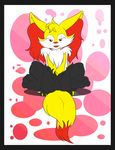  2014 3_toes abstract_background animal_genitalia anthro balls barefoot braixen canine digital_media_(artwork) fan_character fully_sheathed fur half-closed_eyes hi_res inner_ear_fluff kurama_the_braixen looking_at_viewer male mammal mrpandragon nintendo nude open_mouth pok&eacute;mon presenting red_eyes sheath simple_background sitting smile solo spread_legs spreading teeth toes tongue video_games 