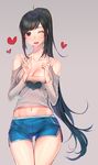  bad_id bad_pixiv_id black_hair blush boyshorts breasts brown_eyes cleavage collarbone dungeon_and_fighter eyebrows_visible_through_hair heart highres index_finger_raised large_breasts long_hair looking_at_viewer navel one_eye_closed open_mouth papupu ponytail short_shorts shorts smile solo very_long_hair 