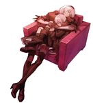  1girl black_dress black_gloves black_legwear boots choker couch dress full_body gloves hairband long_sleeves mole mole_under_mouth nier_(series) nier_automata ninto puffy_sleeves short_hair silver_hair thighhighs white_hair yorha_no._2_type_b yorha_no._9_type_s 