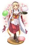  :&gt; :d apricot_(flower_knight_girl) black_hairband blonde_hair boots bow brown_eyes brown_footwear creature cross-laced_footwear dabadhi dango dress flower flower_knight_girl food full_body hairband highres japanese_clothes kimono lace-up_boots looking_at_viewer open_mouth petals red_bow red_dress short_hair smile solo standing tea wagashi waitress white_background white_kimono 
