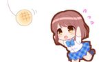  black_legwear blue_bow blue_skirt blush bow bread brown_eyes brown_hair chibi eyebrows_visible_through_hair flying_sweatdrops food girlfriend_(kari) kneehighs looking_away melon_bread open_mouth plaid plaid_skirt ringo_(nanaprin) shiina_kokomi short_hair skirt solo 