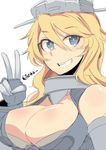  absurdres bare_shoulders blonde_hair blue_eyes breasts cleavage_cutout collar commentary_request elbow_gloves eyebrows_visible_through_hair fingerless_gloves gloves grin hair_between_eyes headgear highres iowa_(kantai_collection) isetta kantai_collection large_breasts long_hair looking_at_viewer simple_background smile solo teeth twitter_username v wavy_hair white_background 