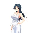  1girl bare_arms bare_shoulders breasts cleavage collarbone cowboy_shot dress eyebrows floating_hair game_cg green_hair hand_on_hip highres kuroda_akimi large_breasts long_hair looking_at_viewer natsuki_miyuri original red_eyes ring simple_background sleeveless solo standing tsumamigui_3 wedding_ring white_background white_dress 