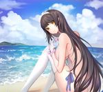  absurdres ass bad_id bad_pixiv_id beach black_hair blush breasts brown_eyes closed_mouth day eyebrows_visible_through_hair girls_frontline gloves heart heart_hands highres large_breasts long_hair looking_at_viewer papupu qbz-95_(girls_frontline) sideboob smile solo swimsuit thighhighs white_gloves white_legwear 