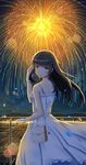  bag black_hair blush brown_eyes closed_mouth dress eyebrows_visible_through_hair fireworks handbag highres ji_dao_ji long_hair looking_at_viewer original smile solo white_dress 