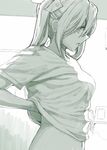  arm_behind_back backlighting breasts ceiling commentary ears_visible_through_hair eyebrows_visible_through_hair greyscale hair_between_eyes hair_ribbon highres kantai_collection long_hair looking_at_viewer medium_breasts monochrome navel open_mouth picture_frame ribbon shirt shirt_lift solo t-shirt tone_(kantai_collection) twintails upper_body yami_(m31) 