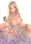  absurdres bad_id bad_pixiv_id bare_shoulders blonde_hair blush breasts cleavage closed_mouth dress dungeon_and_fighter elbow_gloves gloves grey_eyes highres large_breasts long_hair looking_at_viewer papupu solo wedding_dress white_dress white_gloves 