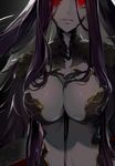  breasts cleavage commentary dark_background evil_grin evil_smile fate_(series) glowing glowing_eyes gorgon_(fate) grin head_out_of_frame kouyafu large_breasts long_hair looking_at_viewer open_mouth parted_lips purple_hair red_eyes revealing_clothes rider scales sidelocks smile solo upper_body 