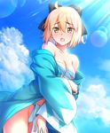  bare_shoulders blonde_hair blush breasts cloud day fate/grand_order fate_(series) fundoshi hair_ribbon japanese_clothes looking_at_viewer medium_breasts okita_souji_(fate) okita_souji_(fate)_(all) open_mouth qnakamura ribbon robe sarashi solo yellow_eyes 