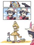  animal_ears backpack bag basket bow bowtie calendar_(object) camera cellphone clock commentary cross-laced_clothes elbow_gloves gloves hat hat_feather helmet high-waist_skirt kaban_(kemono_friends) kemono_friends lucky_beast_(kemono_friends) multiple_girls phone pith_helmet red_shirt seki_(red_shine) serval_(kemono_friends) serval_ears serval_print serval_tail shirt skirt sleeveless sleeveless_shirt smartphone striped_tail tail 