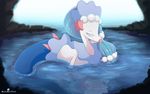  2016 ambiguous_gender blue_hair eyes_closed feral hair hi_res long_hair momomistress nintendo partially_submerged pink_nose pok&eacute;mon primarina smile solo star video_games water 